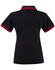 A black polo shirt with red-striped detailing on the collar and sleeves, featuring a logo.