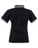 A black ladies' polo shirt featuring a classic collar and contrasting stripes on the sleeves.
