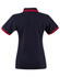 A navy polo shirt with red striped detailing on the collar and sleeves. It features a logo on the front.