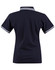 A dark navy polo shirt with white striped accents on the collar and sleeves, featuring a branding logo.