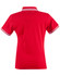 A red polo shirt with a classic collar and contrasting white striped detailing on the sleeves. It has a logo.