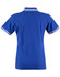 A blue polo shirt with white striped accents on the collar and sleeves, featuring a logo.