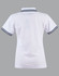A white polo shirt with a fitted design and navy stripes on the collar and sleeves, featuring a logo.
