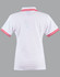 A white polo shirt featuring red stripes on the sleeves and a collar, with a logo on the back.
