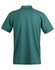 A green men's polo shirt featuring short sleeves and a collar, with a branding logo on the back.