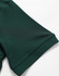 A close-up of a dark green polo shirt sleeve featuring a logo. The fabric appears smooth and lightweight.