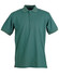 A green men's polo shirt featuring a collar, short sleeves, and a logo on the chest area.
