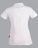 A white ladies' polo shirt featuring a collar and a logo on the side. The back is plain with no additional design.