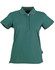 A green ladies' polo shirt with a collar and short sleeves, featuring a logo on the side.