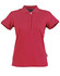 A red ladies' polo shirt with a collar, short sleeves, and a logo on the side.