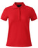 A red ladies' polo shirt with a collar and short sleeves, featuring a branding logo.