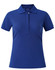 A blue ladies' polo shirt with a collar and short sleeves, featuring a logo on the side.