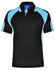 A black polo shirt with light blue accents and a logo on the collar. Short sleeves and a classic fit design.