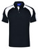 A black polo shirt with white accents and a branded logo on the chest area.