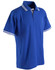 A blue polo shirt with contrasting white stripes on the collar and sleeves, featuring a logo.