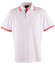 A white polo shirt with red striped sleeves and a three-button placket. It features a logo on the chest.