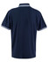 A navy blue men's polo shirt with white detailing on the collar and sleeves, featuring a logo.