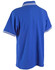 A blue men's polo shirt with contrasting white stripes on the collar and sleeves. It features a logo.