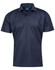 A navy short-sleeved polo shirt featuring a collar and a logo on the label.