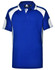 A blue polo shirt with white accents and a logo on the chest. Short sleeves and a classic collar design.