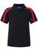 A kids' short-sleeve polo shirt in navy blue with red accents and a branded logo.