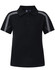 A black kids' polo shirt featuring grey accents and a collar, with a logo on the chest area.