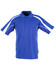 A blue polo shirt with white accents and a logo on the front. Short sleeves and a classic collar design.