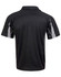 A black polo shirt featuring grey accents and a logo on the upper back. Short sleeves and a classic collar design.