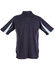 A dark navy polo shirt with short sleeves and white accents, featuring a back view and a logo on the side.