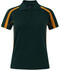 A green polo shirt with yellow detailing and a logo on the chest. Short sleeves and a classic collar design.