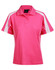 A pink polo shirt with white accents and a logo, featuring a short sleeve design.