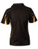 A black polo shirt with orange accents, featuring a collar and short sleeves. The back displays a logo.