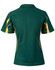 A green and gold short sleeve polo shirt featuring a logo, designed for women.