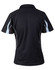 A black short sleeve polo shirt with light blue accents and a logo. The back features a fitted design.
