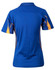 A blue short sleeve polo shirt with orange accents and a logo on the upper chest area.