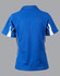 A blue polo shirt featuring white accents and a logo on the back. Short sleeves and a classic collar design.