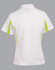 A white polo shirt with green accents, featuring a collar and short sleeves, has a logo on it.