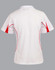 A white polo shirt with red accents and a logo, featuring a short sleeve and a classic collar design.