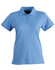 A light blue ladies' polo shirt with a collar and three buttons, featuring a logo on the chest.