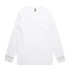 A white long-sleeve T-shirt with a simple design and a logo on the neckline.