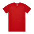 A red basic t-shirt with short sleeves and a crew neck. It features a logo on the label.