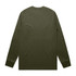 A long-sleeved T-shirt in olive green, featuring a simple design and a logo on the back.
