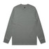 A long-sleeve grey T-shirt featuring a crew neck and a logo label. Simple and versatile design.