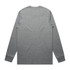 A long-sleeve grey T-shirt featuring a simple design with a logo on the back.