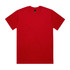 A red heavy tee with a round neckline and short sleeves. It features a logo on the label.