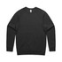 A black crew jumper with long sleeves and a ribbed hem. It has a tag at the neckline and features branding.