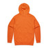 An orange hoodie with a hood and long sleeves, featuring a logo on the back.