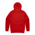 A red hoodie with a hood and long sleeves, featuring raglan sleeves and a seamless back design.