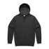 A black hoodie featuring a front pocket and a drawstring hood. It has a logo on the front.