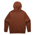A brown hoodie featuring a hood and long sleeves, presented from the back view. The hoodie has a logo.